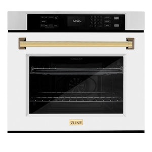 ZLINE Autograph Edition 30 in. Professional True Convection Single Wall Oven with Air Fry and Self Clean in Stainless Steel with White Matte Door and Polished Gold Handle (WASZ-WM-30-G)