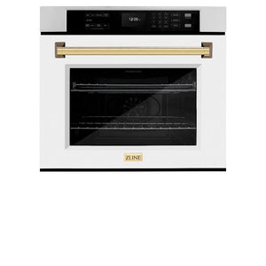 ZLINE Autograph Edition 30 in. Professional True Convection Single Wall Oven with Air Fry and Self Clean in Stainless Steel with White Matte Door and Polished Gold Handle (WASZ-WM-30-G) front, oven closed.