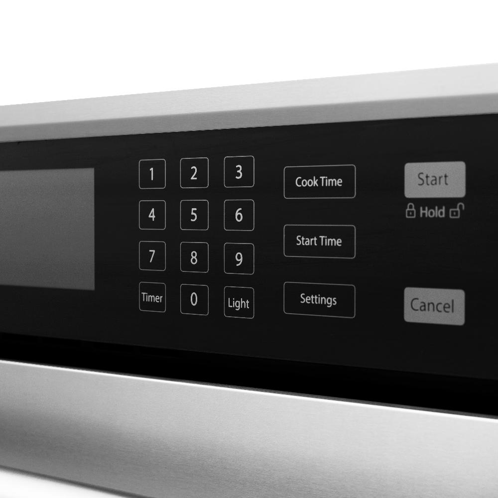 ZLINE Autograph Edition 30 in. Professional True Convection Single Wall Oven with Air Fry and Self Clean in Stainless Steel with White Matte Door and Matte Black Handle (WASZ-WM-30-MB) close-up detail, oven controls and display.