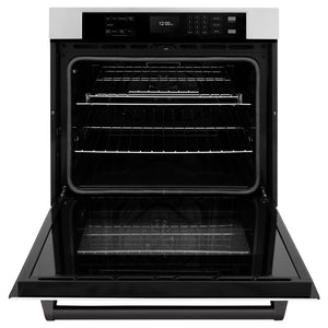 ZLINE Autograph Edition 30 in. Professional True Convection Single Wall Oven with Air Fry and Self Clean in Stainless Steel with White Matte Door and Matte Black Handle (WASZ-WM-30-MB) front, open.