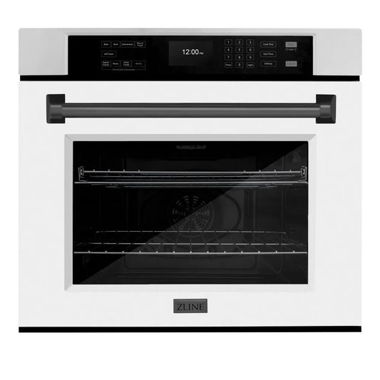 ZLINE Autograph Edition 30 in. Professional True Convection Single Wall Oven with Air Fry and Self Clean in Stainless Steel with White Matte Door and Matte Black Handle (WASZ-WM-30-MB) main image.