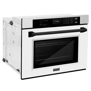 ZLINE Autograph Edition 30 in. Professional True Convection Single Wall Oven with Air Fry and Self Clean in Stainless Steel with White Matte Door and Matte Black Handle (WASZ-WM-30-MB) side, closed.