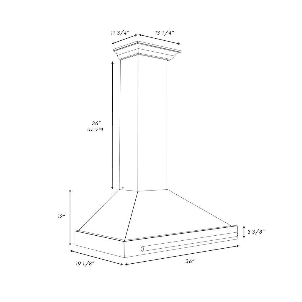 ZLINE Autograph Edition Convertible Fingerprint Resistant DuraSnow® Stainless Steel Range Hood with Black Matte Shell and Polished Gold Handle (KB4SNZ-BLM-G) dimensional diagram with measurements.