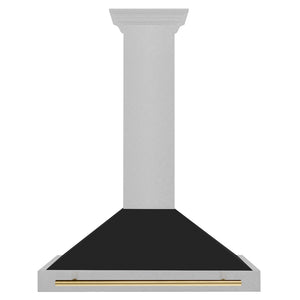 ZLINE Autograph Edition Convertible Fingerprint Resistant DuraSnow® Stainless Steel Range Hood with Black Matte Shell and Polished Gold Handle (KB4SNZ-BLM-G) Polished Gold, front.