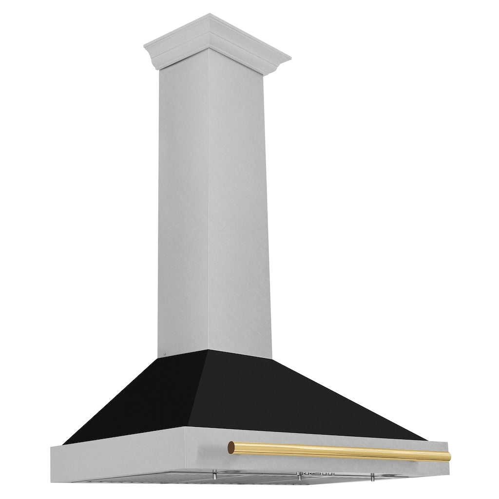 ZLINE Autograph Edition Convertible Fingerprint Resistant DuraSnow® Stainless Steel Range Hood with Black Matte Shell and Polished Gold Handle (KB4SNZ-BLM-G) 