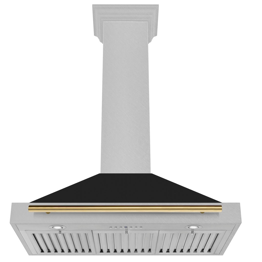 ZLINE Autograph Edition Convertible Fingerprint Resistant DuraSnow® Stainless Steel Range Hood with Black Matte Shell and Polished Gold Handle (KB4SNZ-BLM-G) front, under.