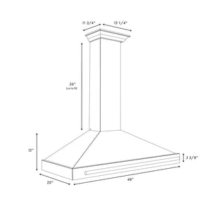 ZLINE Autograph Edition Convertible Fingerprint Resistant DuraSnow® Stainless Steel Range Hood with Black Matte Shell and Polished Gold Handle (KB4SNZ-BLM-G) dimensional diagram with measurements.