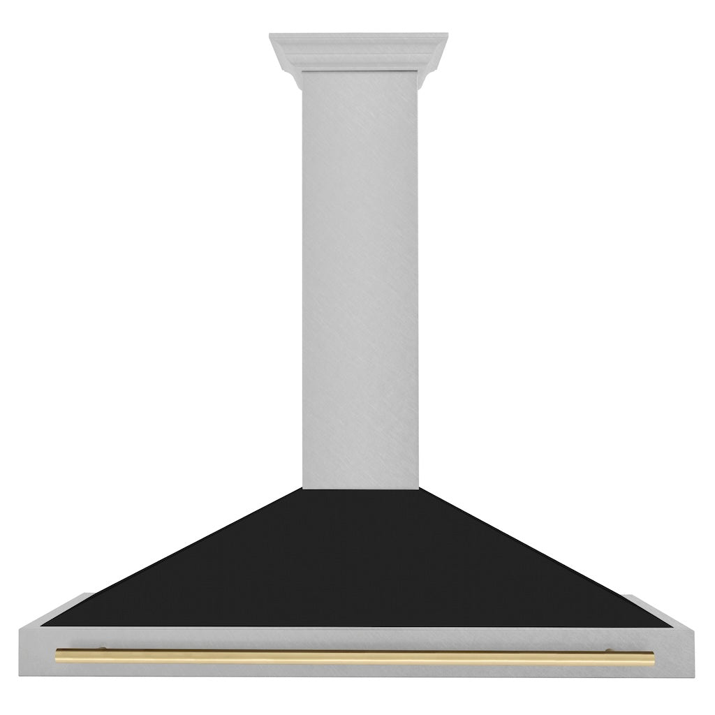 ZLINE Autograph Edition Convertible Fingerprint Resistant DuraSnow® Stainless Steel Range Hood with Black Matte Shell and Polished Gold Handle (KB4SNZ-BLM-G) Polished Gold, front.