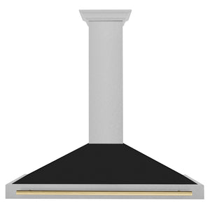 ZLINE Autograph Edition Convertible Fingerprint Resistant DuraSnow® Stainless Steel Range Hood with Black Matte Shell and Polished Gold Handle (KB4SNZ-BLM-G) Polished Gold, front.