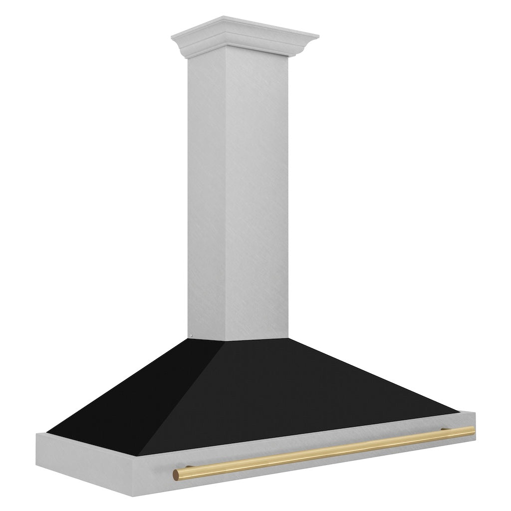 ZLINE Autograph Edition Convertible Fingerprint Resistant DuraSnow® Stainless Steel Range Hood with Black Matte Shell and Polished Gold Handle (KB4SNZ-BLM-G) Polished Gold, side.