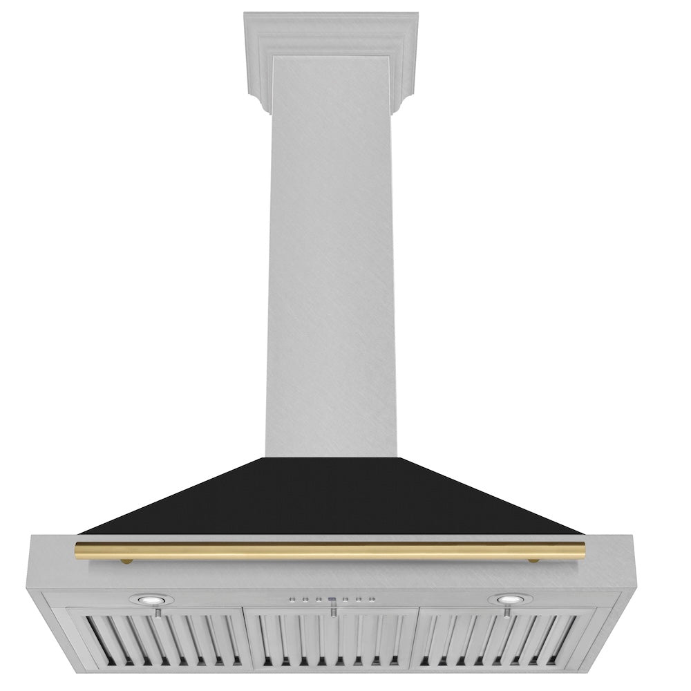 ZLINE Autograph Edition 36 in. Convertible Satin Stainless Steel Wall Mount Range Hood with Black Matte Shell and Champagne Bronze Handle (KB4SNZ-BLM36-CB) under.