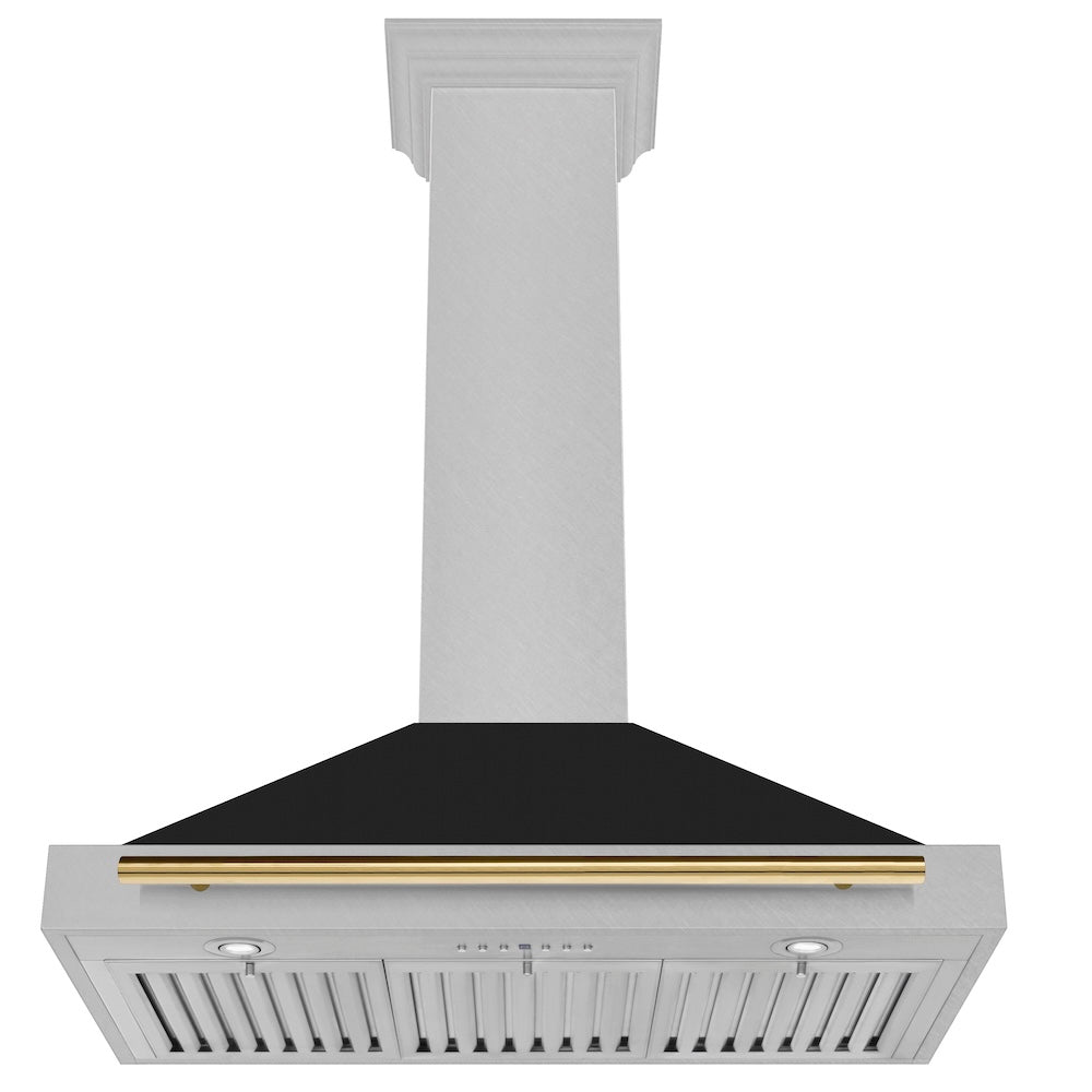 ZLINE Autograph Edition 36 in. Convertible Satin Stainless Steel Wall Mount Range Hood with Black Matte Shell and Polished Gold Handle (KB4SNZ-BLM36-G) under.