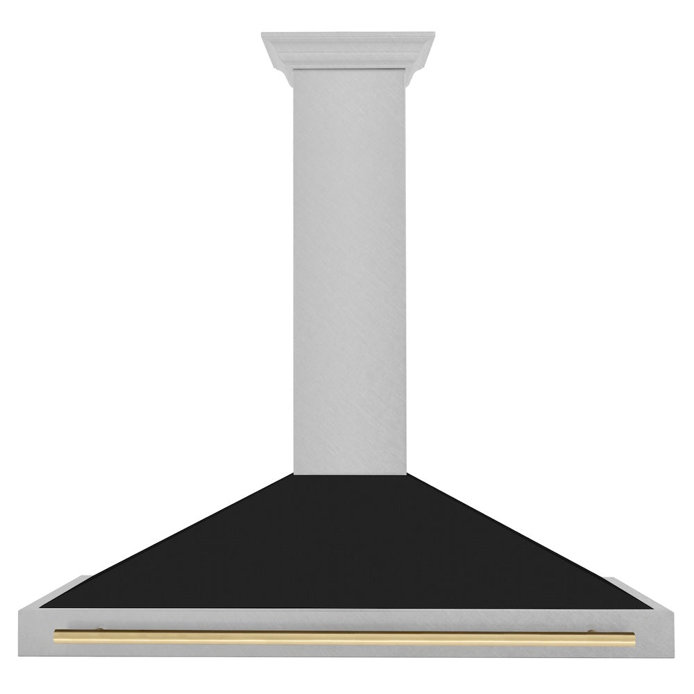 ZLINE Autograph Edition 48 in. Convertible Satin Stainless Steel Wall Mount Range Hood with Black Matte Shell and Polished Gold Handle (KB4SNZ-BLM48-G) front.