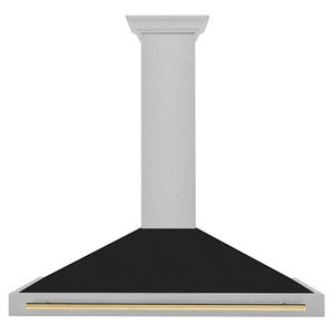 ZLINE Autograph Edition 48 in. Convertible Satin Stainless Steel Wall Mount Range Hood with Black Matte Shell and Polished Gold Handle (KB4SNZ-BLM48-G) front.