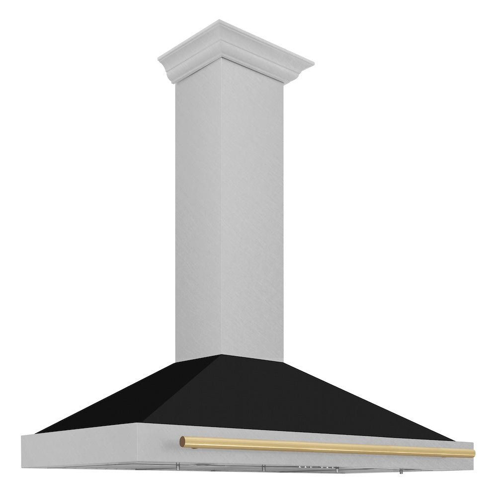 ZLINE Autograph Edition 48 in. Convertible Satin Stainless Steel Wall Mount Range Hood with Black Matte Shell and Polished Gold Handle (KB4SNZ-BLM48-G)