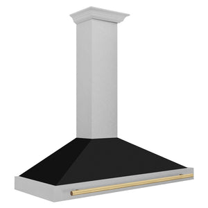 ZLINE Autograph Edition 48 in. Convertible Satin Stainless Steel Wall Mount Range Hood with Black Matte Shell and Polished Gold Handle (KB4SNZ-BLM48-G) side.