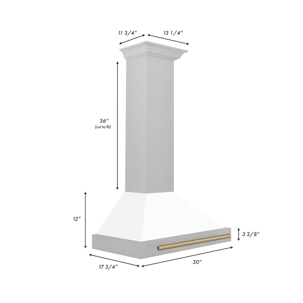 ZLINE Autograph Edition 30 in. Convertible Satin Stainless Steel Wall Mount Range Hood with White Matte Shell and Champagne Bronze Handle (KB4SNZ-WM30-CB) dimensional diagram.
