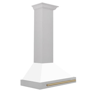 ZLINE Autograph Edition 30 in. Convertible Satin Stainless Steel Wall Mount Range Hood with White Matte Shell and Champagne Bronze Handle (KB4SNZ-WM30-CB) side.