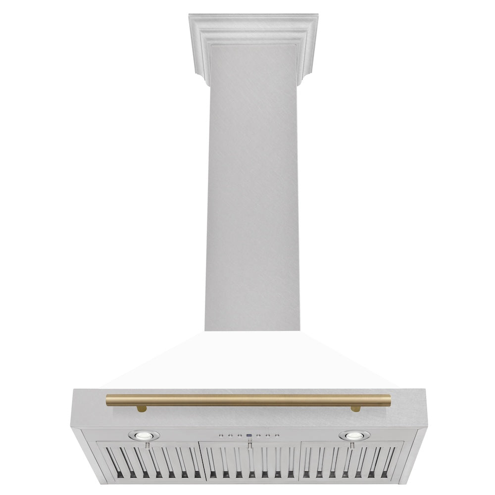 ZLINE Autograph Edition 30 in. Convertible Satin Stainless Steel Wall Mount Range Hood with White Matte Shell and Champagne Bronze Handle (KB4SNZ-WM30-CB) under.