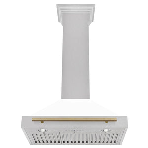 ZLINE Autograph Edition 30 in. Convertible Satin Stainless Steel Wall Mount Range Hood with White Matte Shell and Champagne Bronze Handle (KB4SNZ-WM30-CB) under.