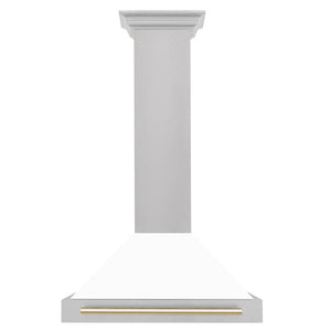 ZLINE Autograph Edition 30 in. Convertible Satin Stainless Steel Wall Mount Range Hood with White Matte Shell and Polished Gold Handle (KB4SNZ-WM30-G) dimensional diagram.