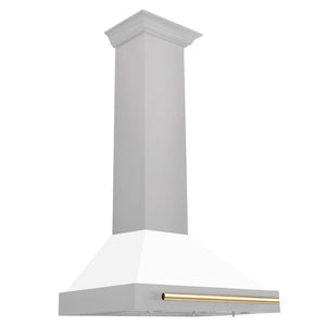 ZLINE Autograph Edition 30 in. Convertible Satin Stainless Steel Wall Mount Range Hood with White Matte Shell and Polished Gold Handle (KB4SNZ-WM30-G) dimensional diagram.