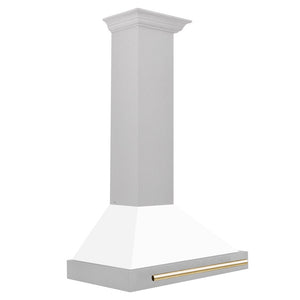 ZLINE Autograph Edition 30 in. Convertible Satin Stainless Steel Wall Mount Range Hood with White Matte Shell and Polished Gold Handle (KB4SNZ-WM30-G) dimensional diagram.