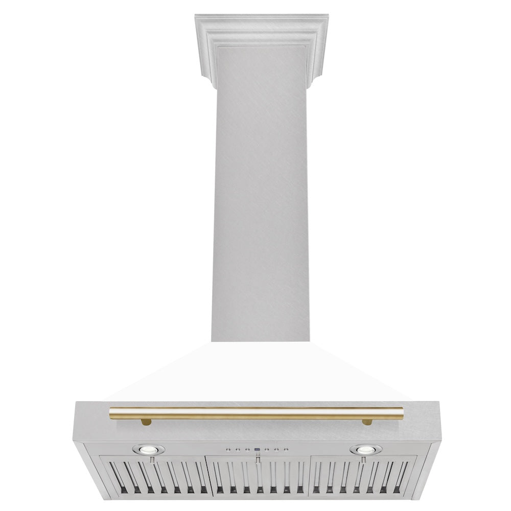 ZLINE Autograph Edition 30 in. Convertible Satin Stainless Steel Wall Mount Range Hood with White Matte Shell and Polished Gold Handle (KB4SNZ-WM30-G) dimensional diagram.