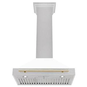 ZLINE Autograph Edition 30 in. Convertible Satin Stainless Steel Wall Mount Range Hood with White Matte Shell and Polished Gold Handle (KB4SNZ-WM30-G) dimensional diagram.