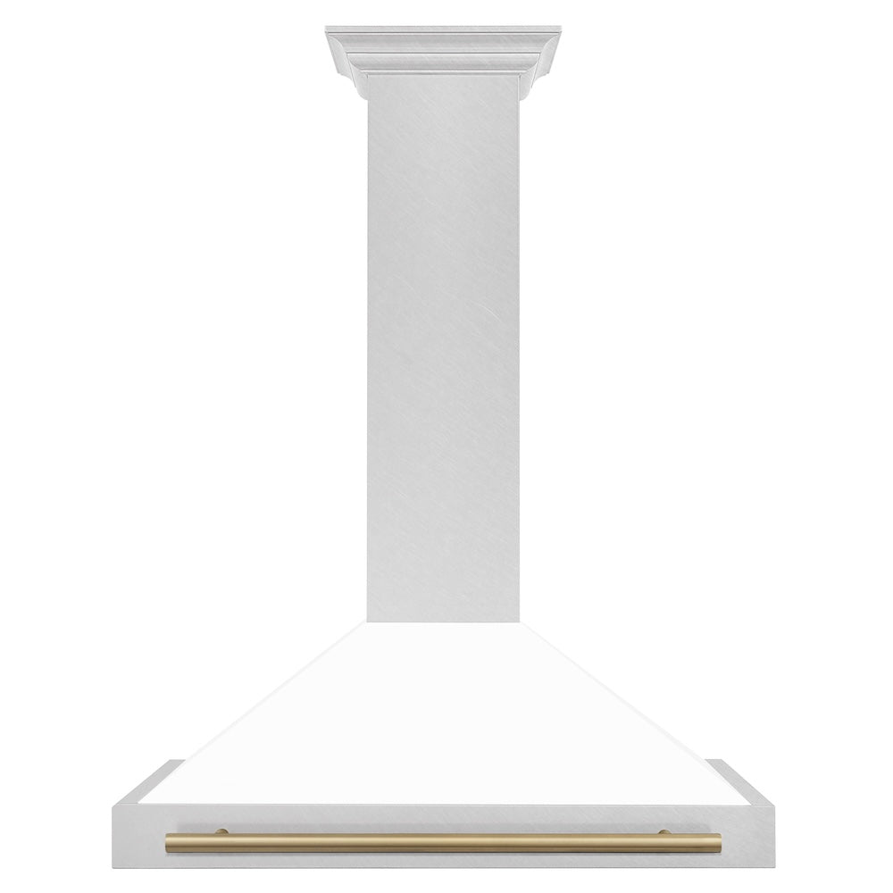 ZLINE Autograph Edition 36 in. Convertible Satin Stainless Steel Wall Mount Range Hood with White Matte Shell and Champagne Bronze Handle (KB4SNZ-WM36-CB) front.