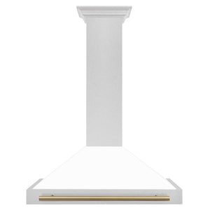 ZLINE Autograph Edition 36 in. Convertible Satin Stainless Steel Wall Mount Range Hood with White Matte Shell and Champagne Bronze Handle (KB4SNZ-WM36-CB) front.