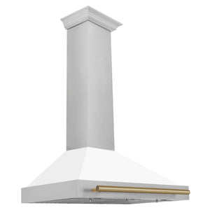 ZLINE Autograph Edition 36 in. Convertible Satin Stainless Steel Wall Mount Range Hood with White Matte Shell and Champagne Bronze Handle (KB4SNZ-WM36-CB)