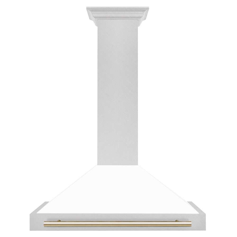 ZLINE Autograph Edition 36 in. Convertible Satin Stainless Steel Wall Mount Range Hood with White Matte Shell and Polished Gold Handle (KB4SNZ-WM36-G) dimensional diagram.