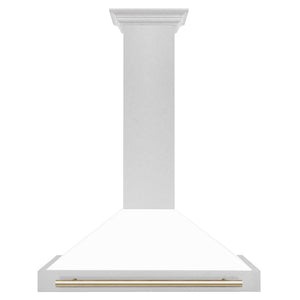 ZLINE Autograph Edition 36 in. Convertible Satin Stainless Steel Wall Mount Range Hood with White Matte Shell and Polished Gold Handle (KB4SNZ-WM36-G) dimensional diagram.