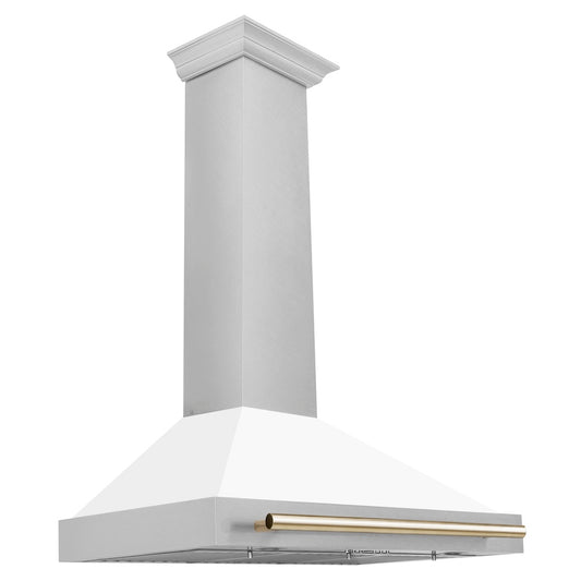 ZLINE Autograph Edition 36 in. Convertible Satin Stainless Steel Wall Mount Range Hood with White Matte Shell and Polished Gold Handle (KB4SNZ-WM36-G) dimensional diagram.