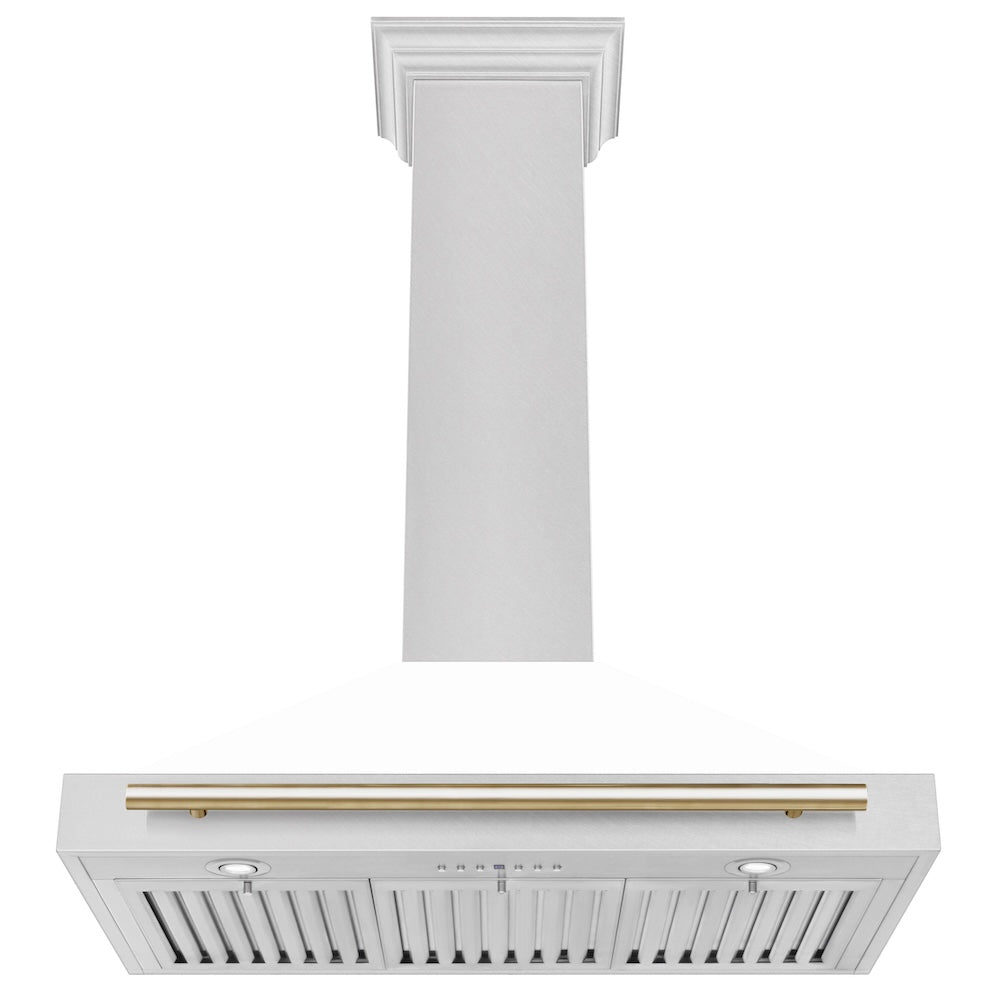 ZLINE Autograph Edition 36 in. Convertible Satin Stainless Steel Wall Mount Range Hood with White Matte Shell and Polished Gold Handle (KB4SNZ-WM36-G) dimensional diagram.