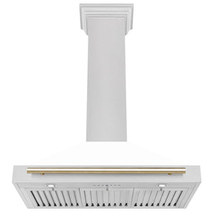 ZLINE Autograph Edition 36 in. Convertible Satin Stainless Steel Wall Mount Range Hood with White Matte Shell and Polished Gold Handle (KB4SNZ-WM36-G) dimensional diagram.