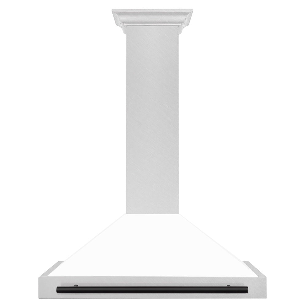 ZLINE Autograph Edition 36 in. Convertible Satin Stainless Steel Wall Mount Range Hood with White Matte Shell and Matte Black Handle (KB4SNZ-WM36-MB) front.