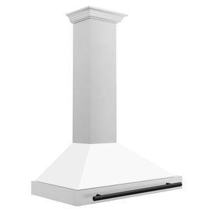 ZLINE Autograph Edition 36 in. Convertible Satin Stainless Steel Wall Mount Range Hood with White Matte Shell and Matte Black Handle (KB4SNZ-WM36-MB) side.