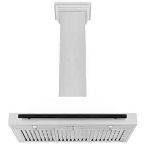 ZLINE Autograph Edition 36 in. Convertible Satin Stainless Steel Wall Mount Range Hood with White Matte Shell and Matte Black Handle (KB4SNZ-WM36-MB) under.