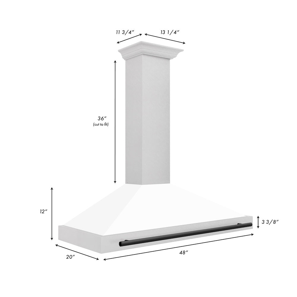 ZLINE Autograph Edition 48 in. Convertible Satin Stainless Steel Wall Mount Range Hood with White Matte Shell and Matte Black Handle (KB4SNZ-WM48-MB) dimensional diagram.