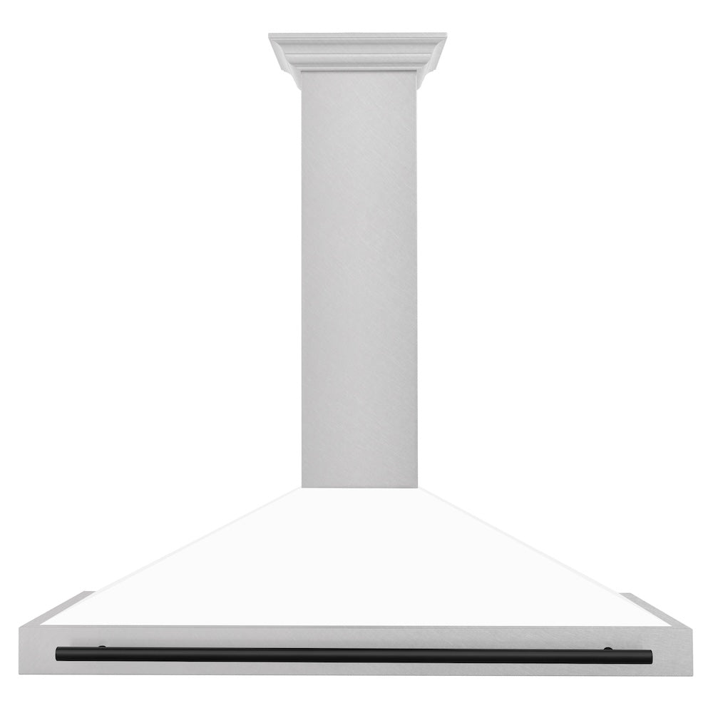 ZLINE Autograph Edition 48 in. Convertible Satin Stainless Steel Wall Mount Range Hood with White Matte Shell and Matte Black Handle (KB4SNZ-WM48-MB) front.