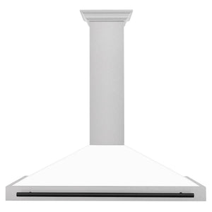 ZLINE Autograph Edition 48 in. Convertible Satin Stainless Steel Wall Mount Range Hood with White Matte Shell and Matte Black Handle (KB4SNZ-WM48-MB) front.