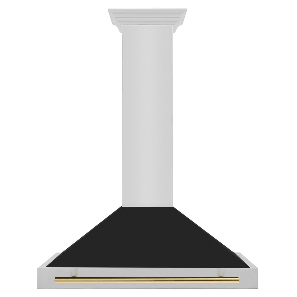 ZLINE Autograph Edition 36 in. Convertible Stainless Steel Range Hood with Black Matte Shell and Polished Gold Handle (KB4STZ-BLM36-G) front.
