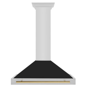 ZLINE Autograph Edition 36 in. Convertible Stainless Steel Range Hood with Black Matte Shell and Polished Gold Handle (KB4STZ-BLM36-G) front.