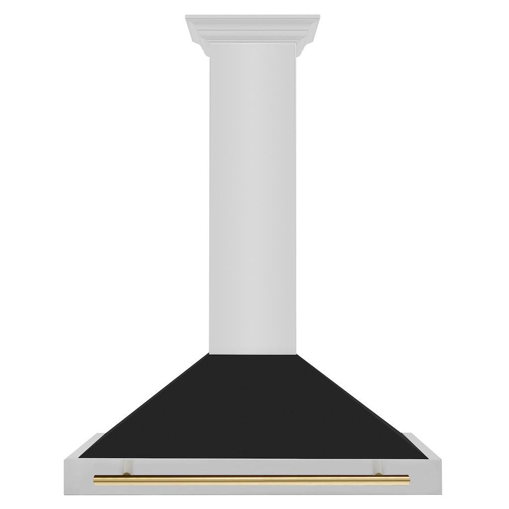 ZLINE Autograph Edition Convertible Stainless Steel Range Hood with Black Matte Shell and Polished Gold Handle (KB4STZ-BLM-G) Polished Gold, front.