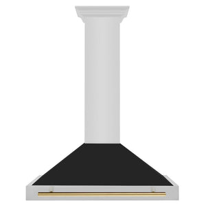 ZLINE Autograph Edition Convertible Stainless Steel Range Hood with Black Matte Shell and Polished Gold Handle (KB4STZ-BLM-G) Polished Gold, front.