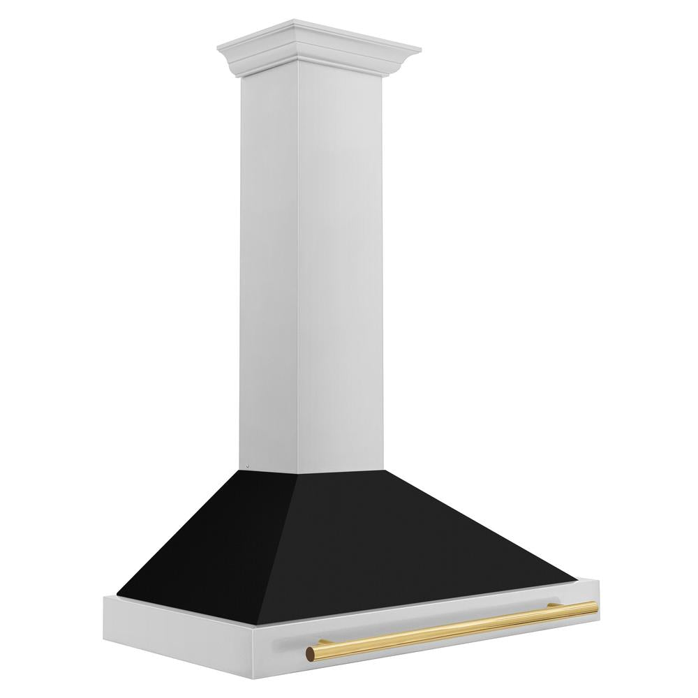 ZLINE Autograph Edition 36 in. Convertible Stainless Steel Range Hood with Black Matte Shell and Polished Gold Handle (KB4STZ-BLM36-G) side.