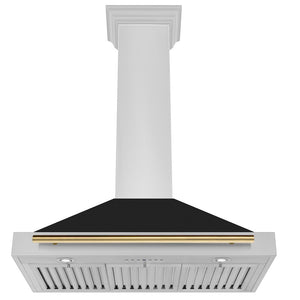 ZLINE Autograph Edition Convertible Stainless Steel Range Hood with Black Matte Shell and Polished Gold Handle (KB4STZ-BLM-G) front, under.