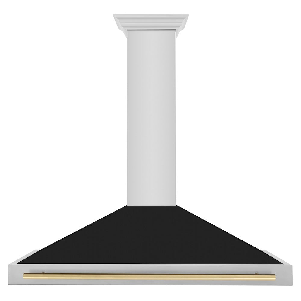 ZLINE Autograph Edition 48 in. Convertible Stainless Steel Range Hood with Black Matte Shell and Champagne Bronze Handle (KB4STZ-BLM48-CB) front.